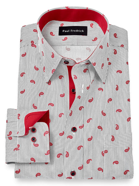 paul fredrick short sleeve dress shirts Non-Iron Cotton Stripe Short Sleeve Dress Shirt With Contrast Trim