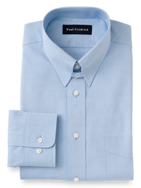 Pure Cotton Pinpoint Solid Color Snap Tab Collar Dress Shirt - Blue