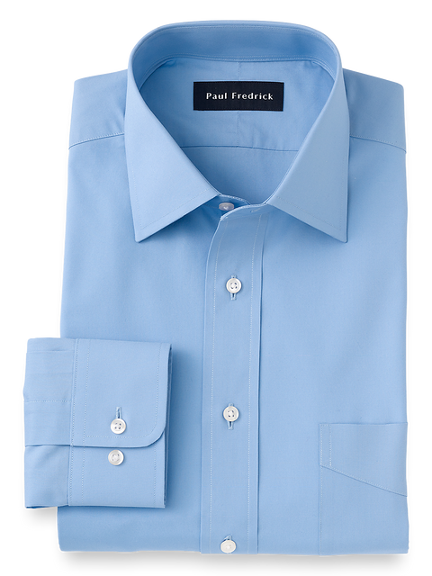 Pure Cotton Broadcloth Solid Color Spread Collar Dress Shirt - Blue Paul Fredrick Pure Cotton Broadcloth Solid Color Spread Collar Dress Shirt - Blue Paul Fredrick