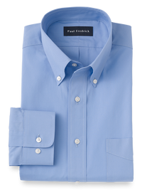 Pure Cotton Broadcloth Solid Color Button Down Collar Dress Shirt - Blue