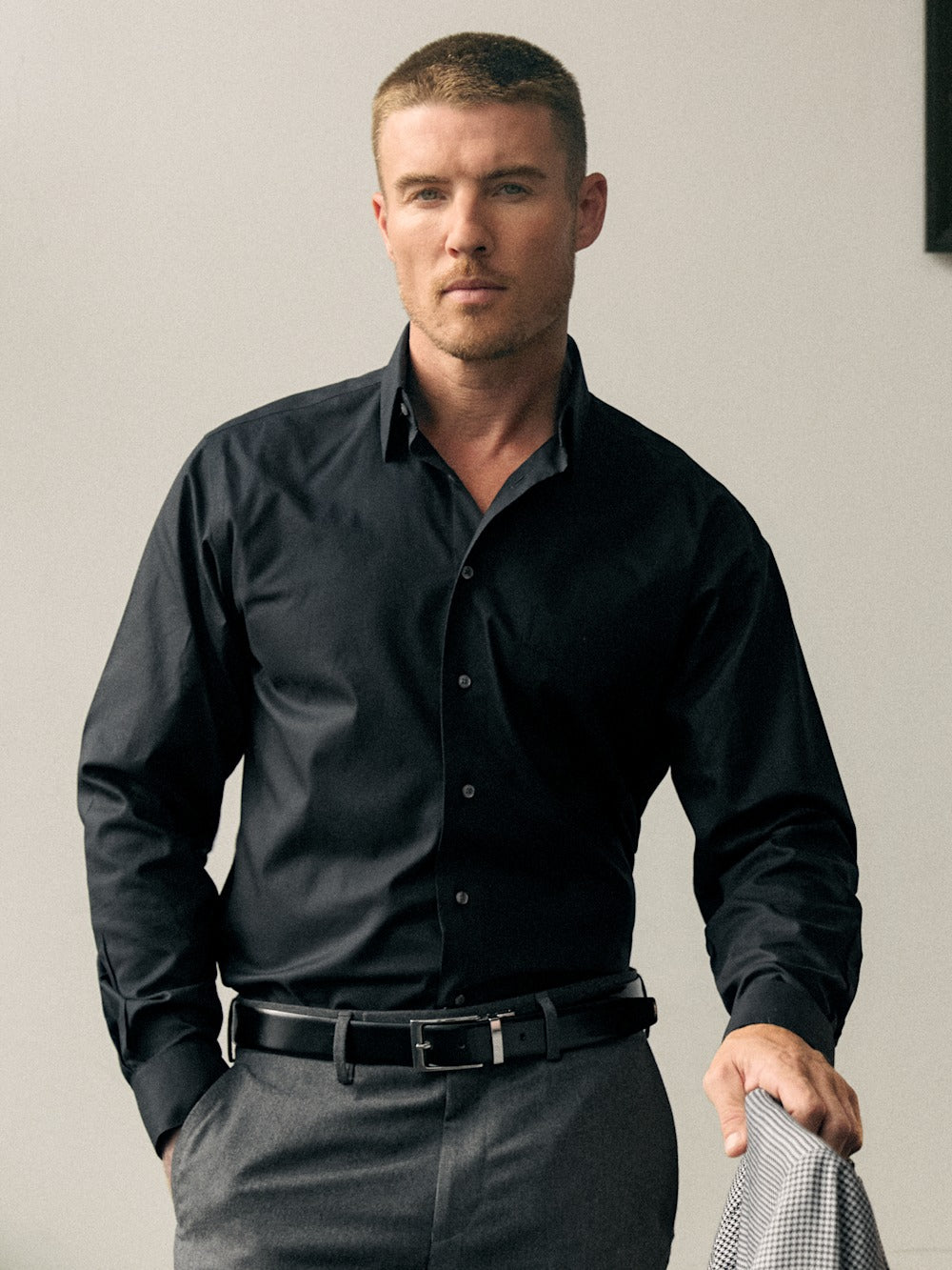 Alternate Shot of Men's Black Solid Shirts No Trim Detail - 7