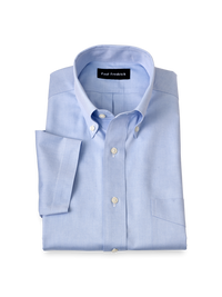 Non-Iron Cotton Pinpoint Solid Button Down Collar Short Sleeve Dress Shirt - Blue