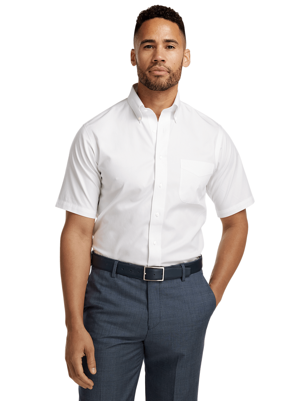 Non-Iron Cotton Pinpoint Solid Button Down Collar Short Sleeve Dress Shirt