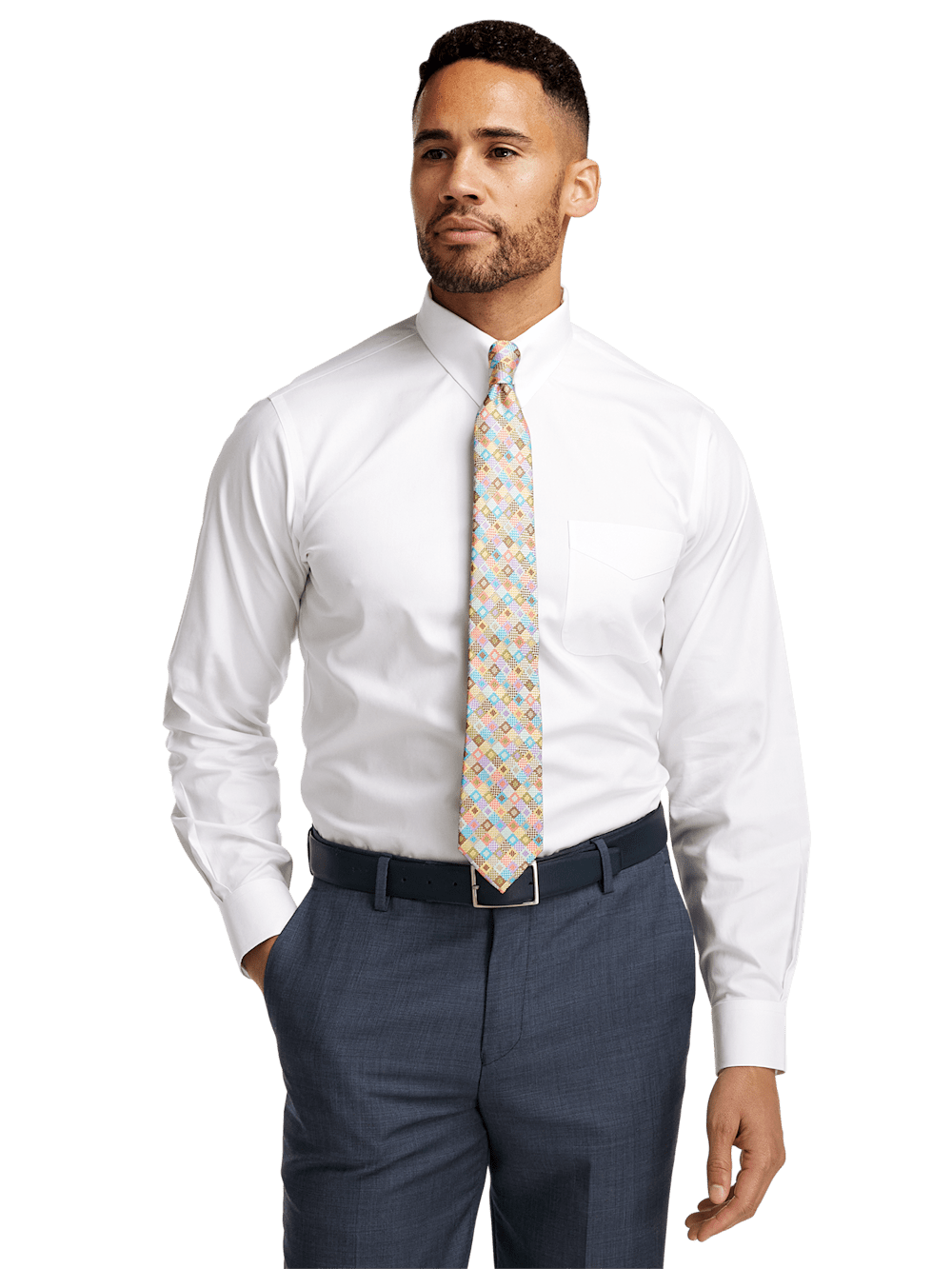 Non-Iron Cotton Pinpoint Solid Snap Tab Collar Dress Shirt