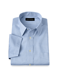 Non-Iron Cotton Pinpoint Solid Point Collar Short Sleeve Dress Shirt - Blue