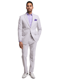 Cotton Stretch Stripe Seersucker Notch Lapel Suit - Purple/white