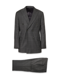 Wool Windowpane Double Breasted Peak Lapel Suit - Charcoal