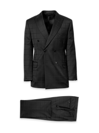 Wool Windowpane Double Breasted Peak Lapel Suit - Black