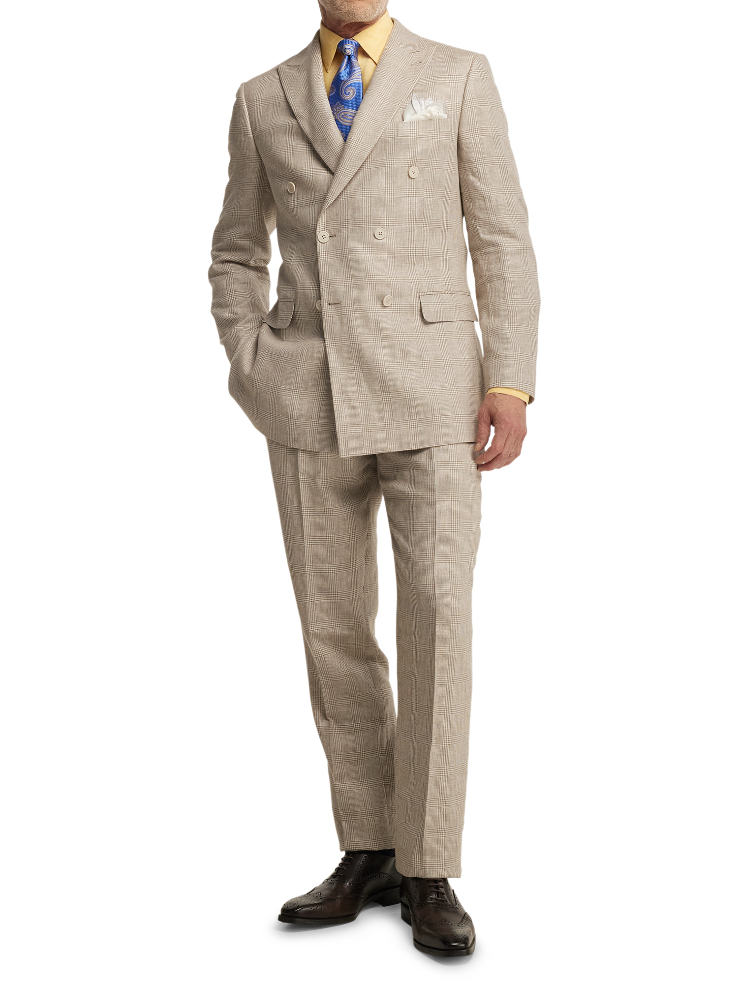 Linen Blend Plaid Peak Lapel Suit - Tan