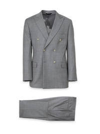 Wool Windowpane Double Breasted Peak Lapel Suit - Grey