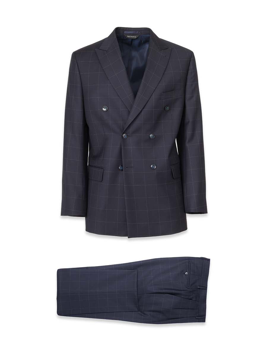 Navy Wool Windowpane Double Breasted Peak Lapel Suit - Navy – Paul