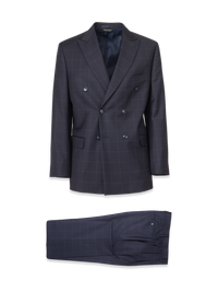 Navy Wool Windowpane Double Breasted Peak Lapel Suit - Navy