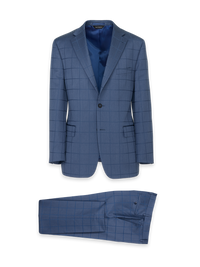 Navy Wool Windowpane Single Breasted Notch Lapel Suit - Navy