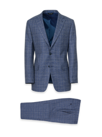 Blue Wool Blend Plaid Single Breasted Notch Lapel Suit - Blue