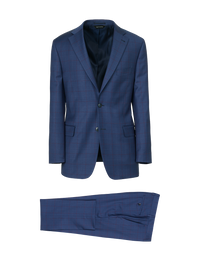 Blue Wool Blend Windowpane Single Breasted Notch Lapel Suit - Blue