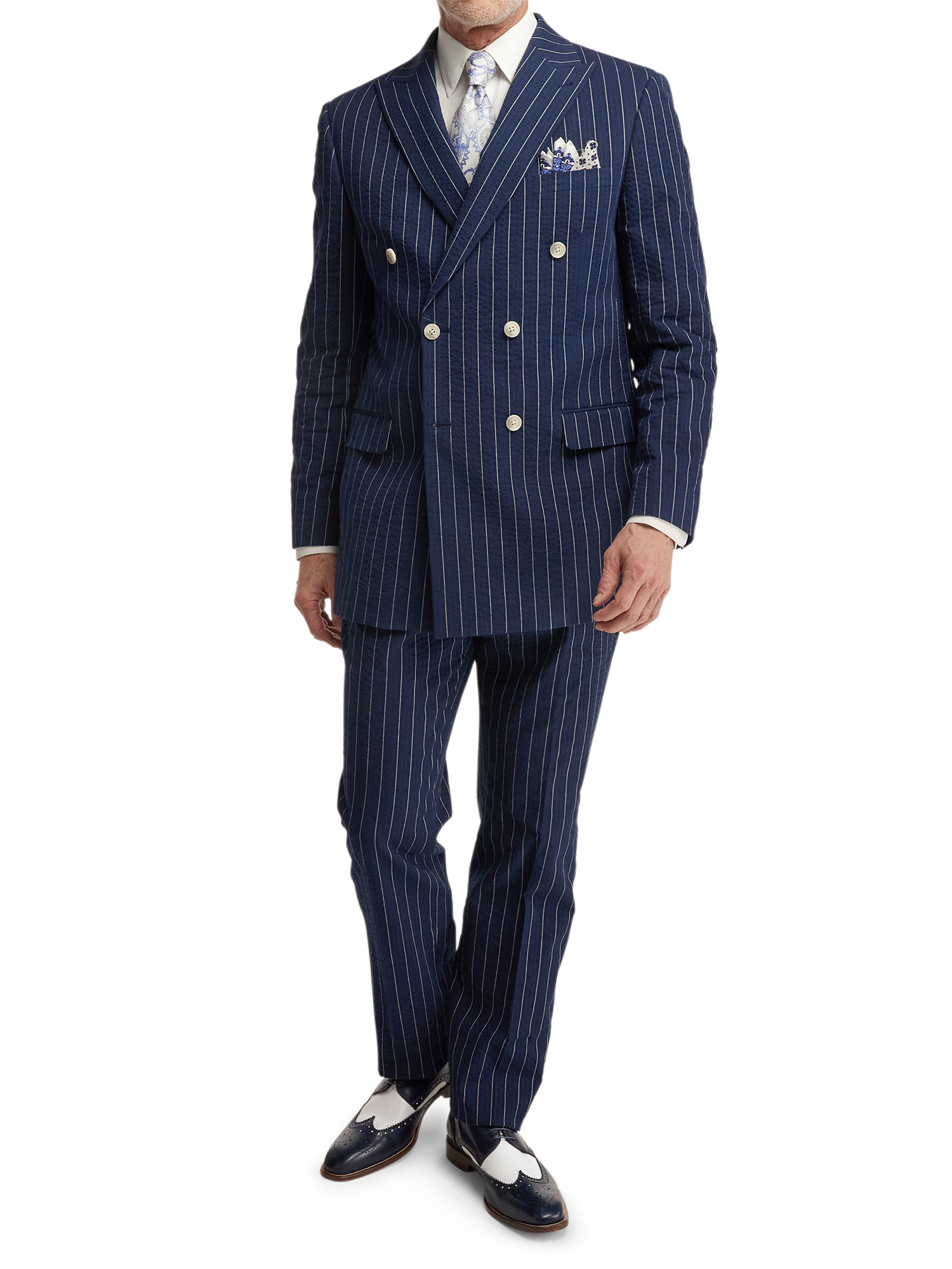 Cotton Stretch Pinstripe Peak Lapel Suit - Navy