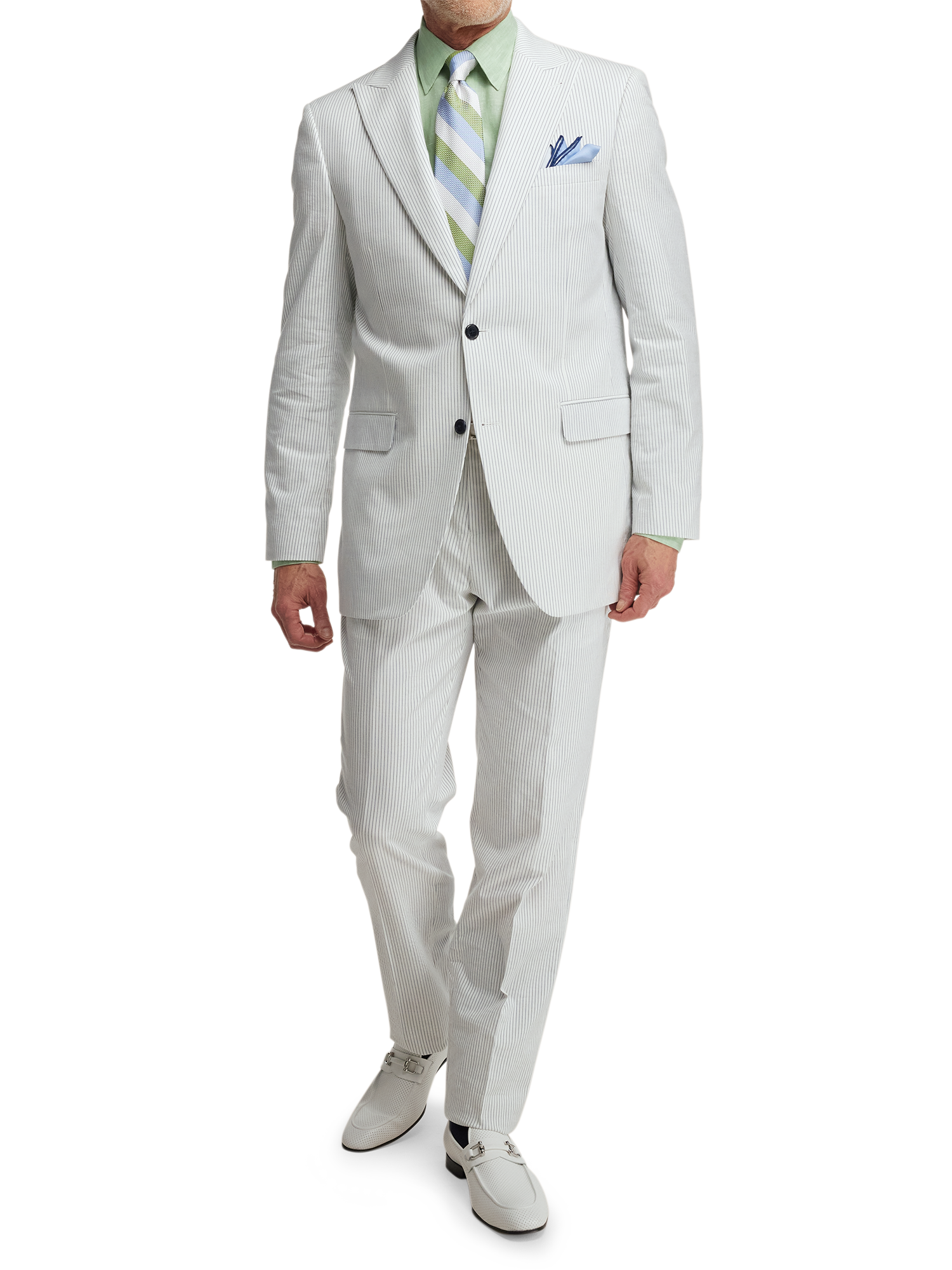 Cotton Stretch Stripe Seersucker Peak Lapel Suit - White/blue