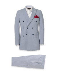 Cotton Blend Stripe Double Breasted Peak Lapel Suit - Navy/white