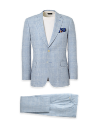 Italian Cotton Blend Single Breasted Notch Lapel Suit - Tan/blue Plaid