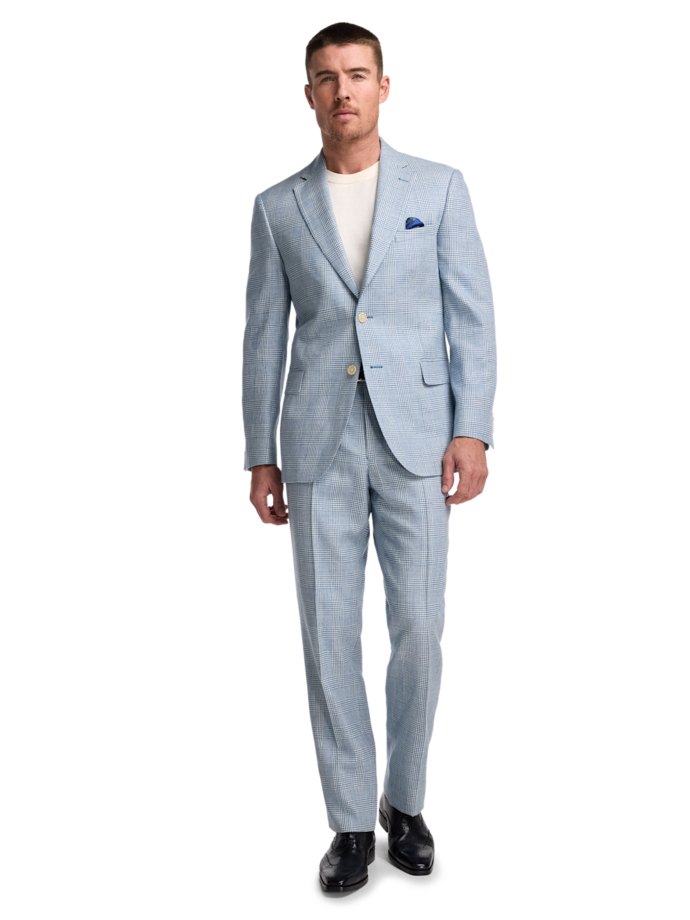 Alternate Image of Light Blue Plaid Linen Single Breasted Notch Lapel Suit-1