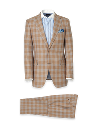 Wool Blend Plaid Single Breasted Notch Lapel Suit - Brown
