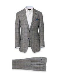 Linen Single Breasted Notch Lapel Suit - Tan/blue Plaid