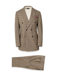 Plaid Cotton Blend Double Breasted Peak Lapel Suit - Brown Plaid