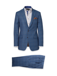 Blue/Tan Wool Blend Plaid Single Breasted Notch Lapel Suit - Blue/tan