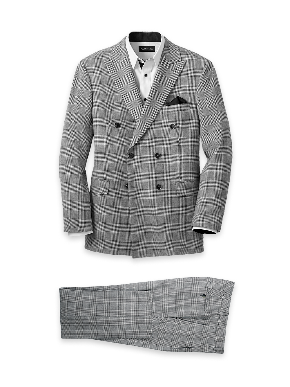 Black/White Plaid Houndstooth Double Breasted Peak Lapel Suit - Black/white