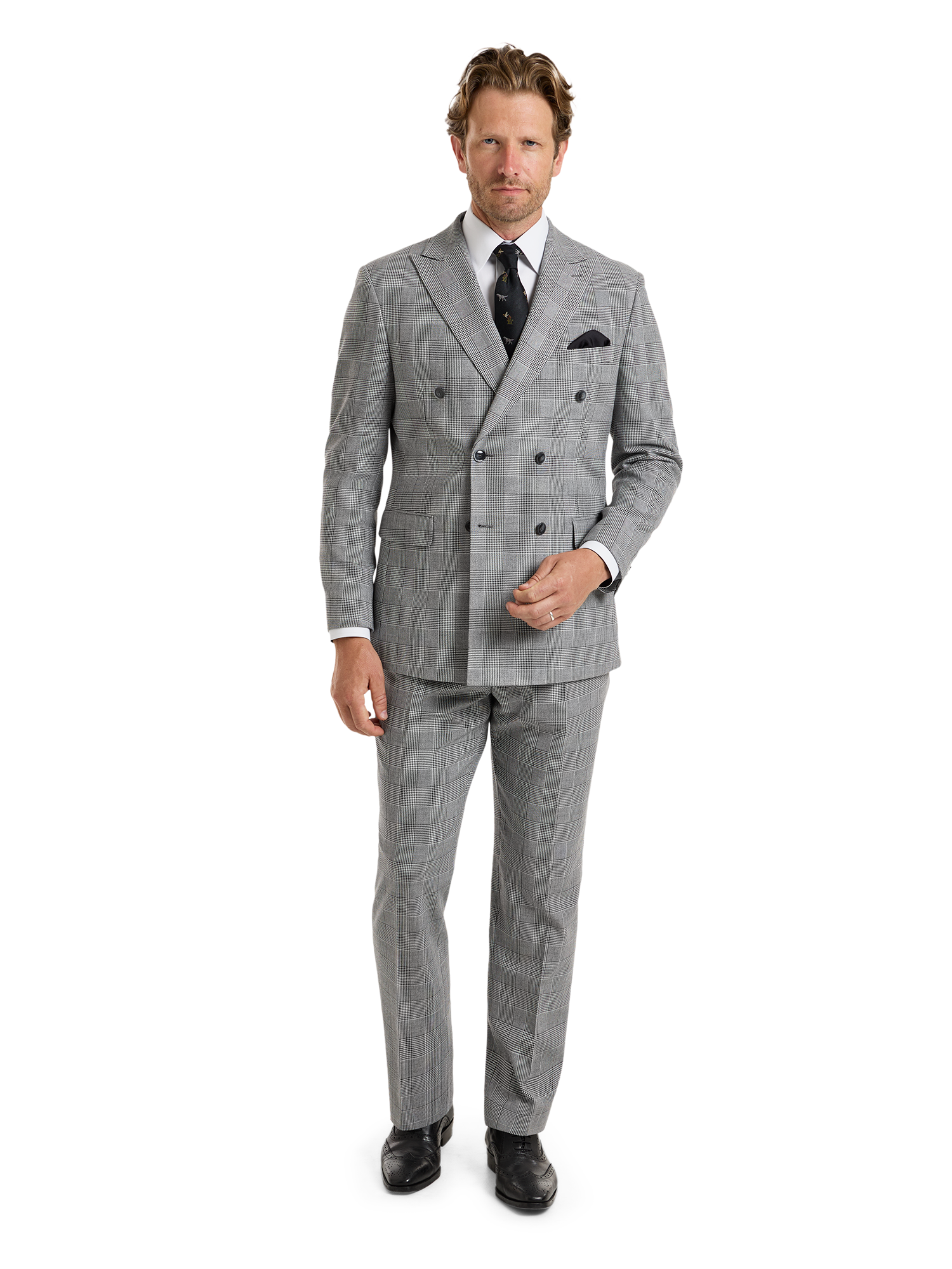 Black/White Plaid Houndstooth Double Breasted Peak Lapel Suit - Black/white