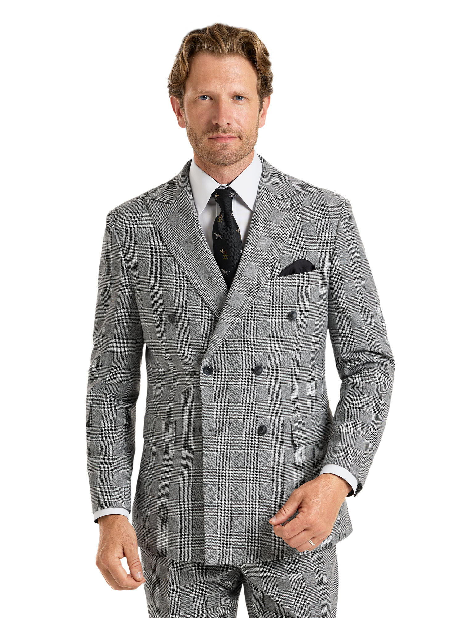Black/White Plaid Houndstooth Double Breasted Peak Lapel Suit - Black/white