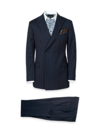 Navy/Brown Wool Stripe Double Breasted Peak Lapel Suit - Navy/brown