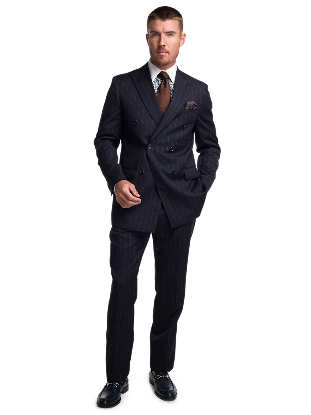 Alternate Image of Navy/brown Wool Stripe Double Breasted Peak Lapel Suit-1