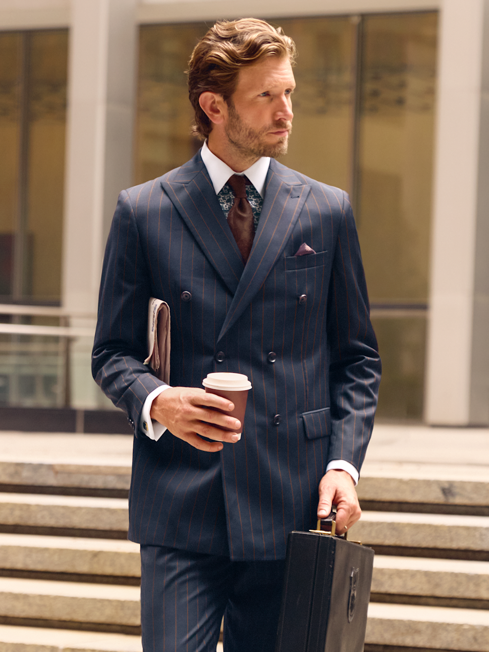 Alternate Image of Navy/brown Wool Stripe Double Breasted Peak Lapel Suit-9