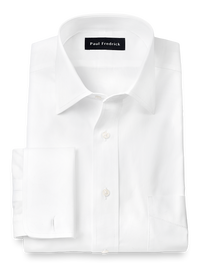 Pure Cotton Broadcloth Solid Color Spread Collar French Cuff Dress Shirt - White