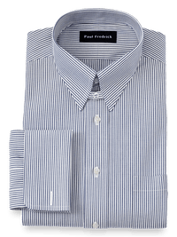 Non-Iron Cotton Pinpoint Solid Snap Tab Collar French Cuff Dress Shirt - Blue Stripe