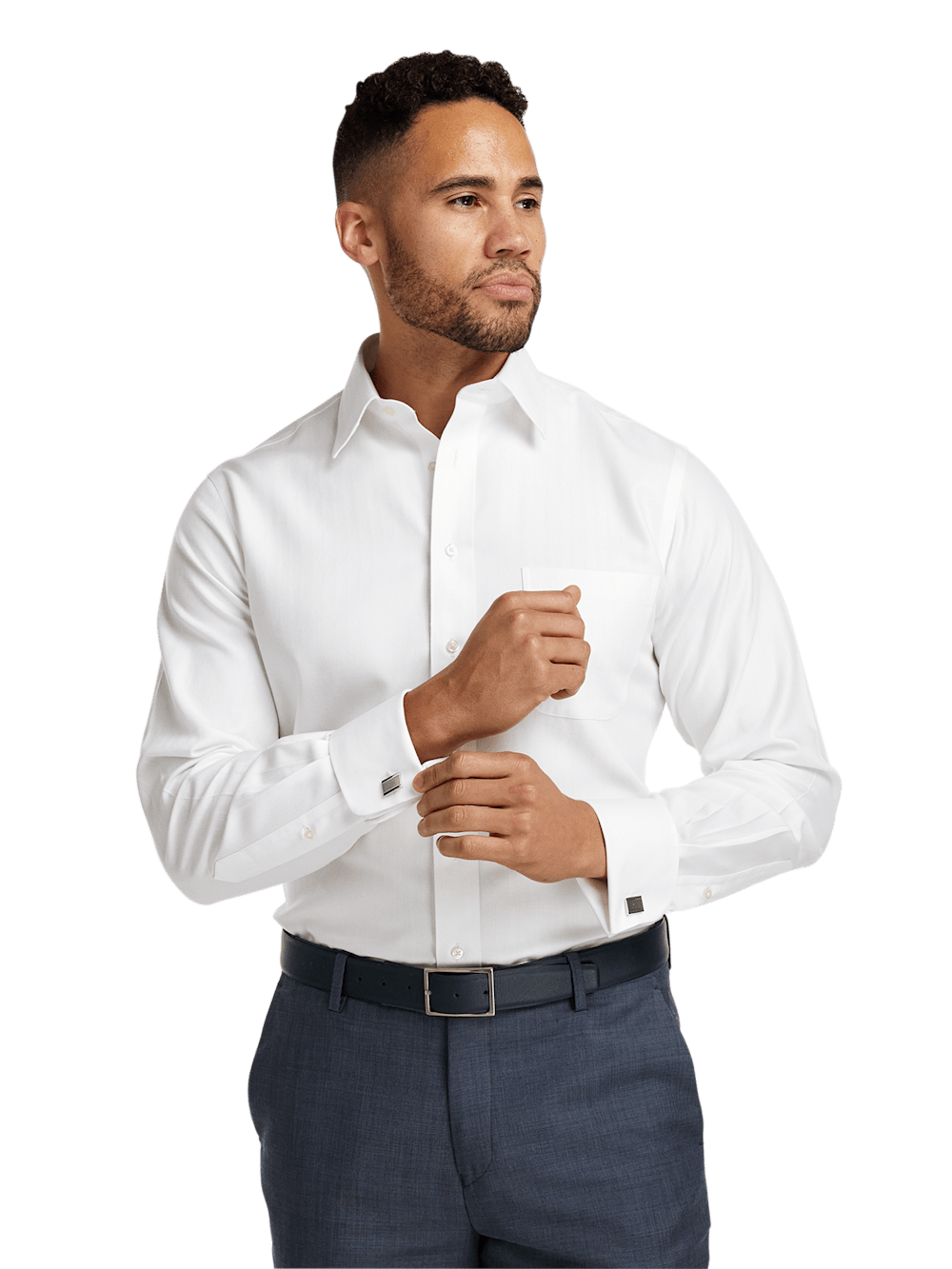 White Collar French Cuff Dress Shirts Non-Iron Cotton Herringbone