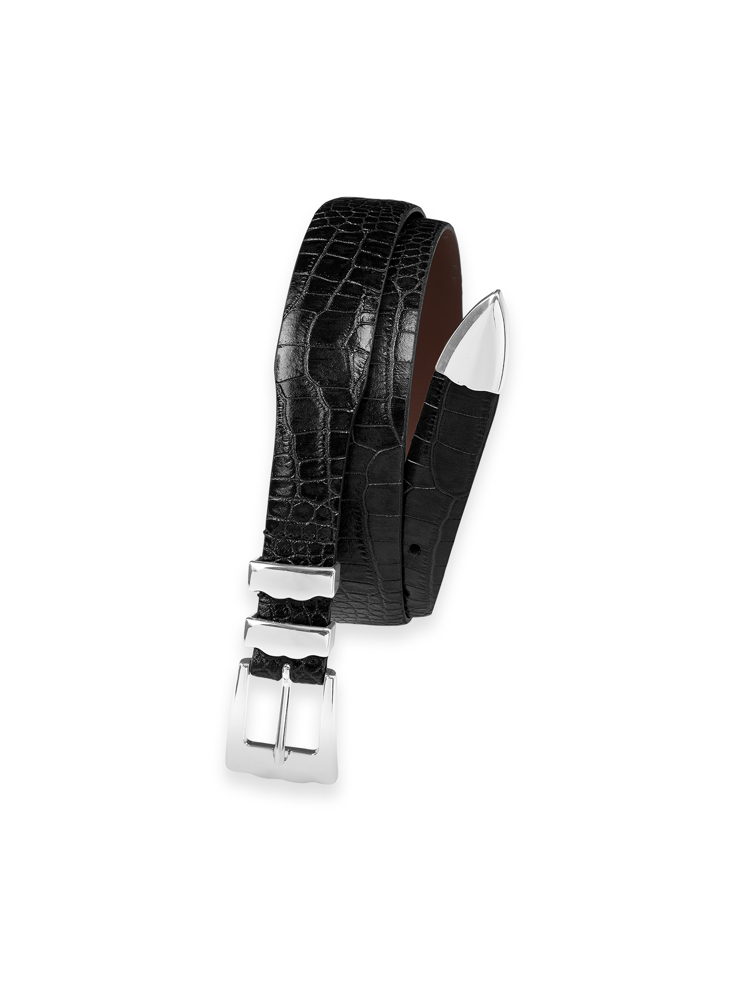 Crocodile Embossed with Metal Keeper & Tip Belt - Black