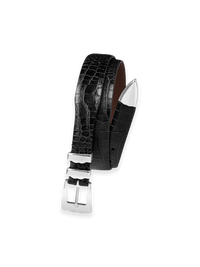 Crocodile Embossed with Metal Keeper & Tip Belt - Black