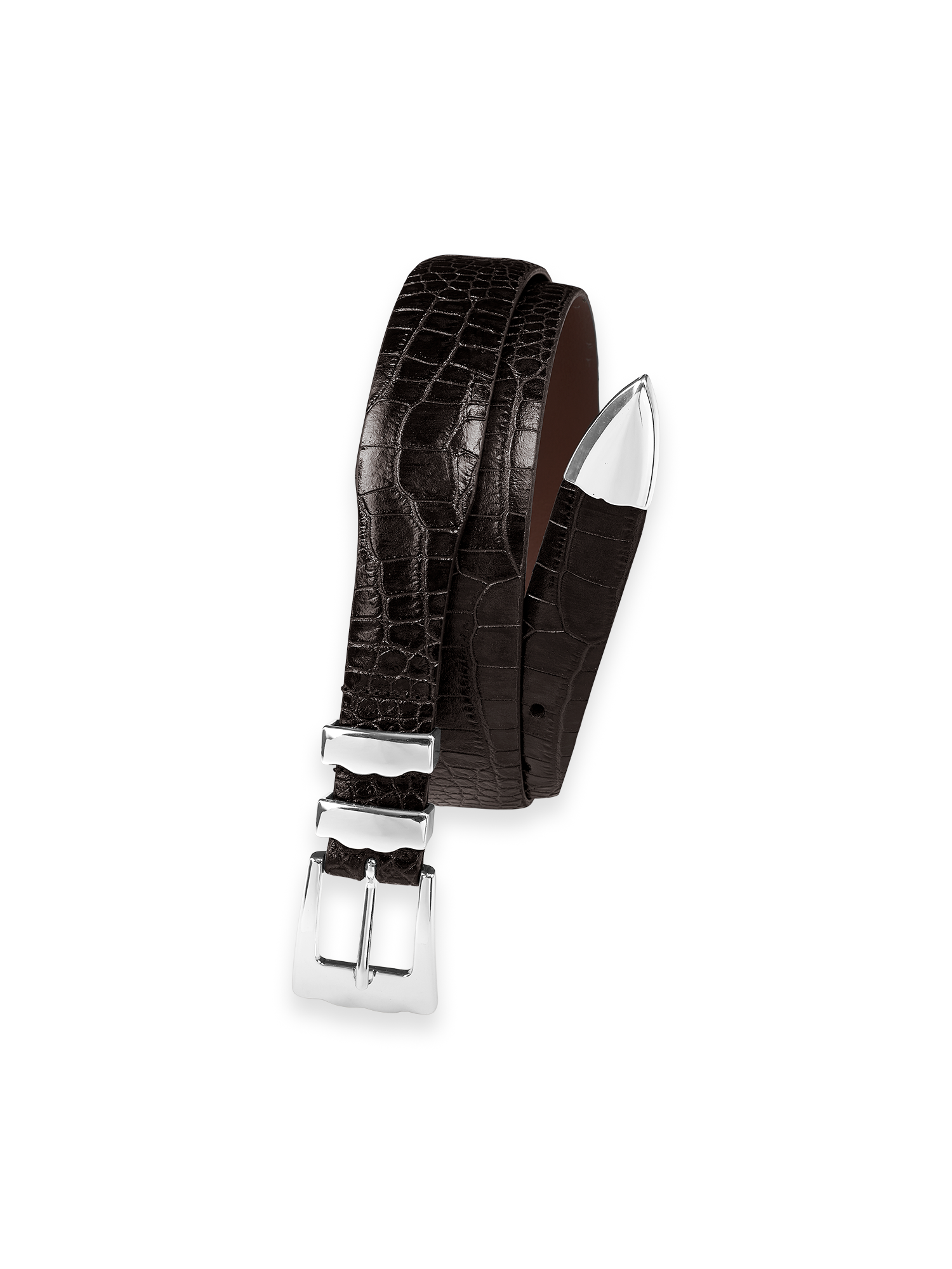 Crocodile Embossed with Metal Keeper & Tip Belt - Dark Brown