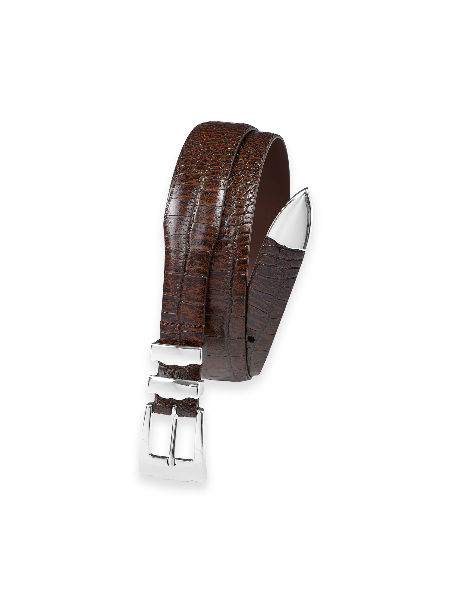 Crocodile Embossed with Metal Keeper & Tip Belt - Cognac