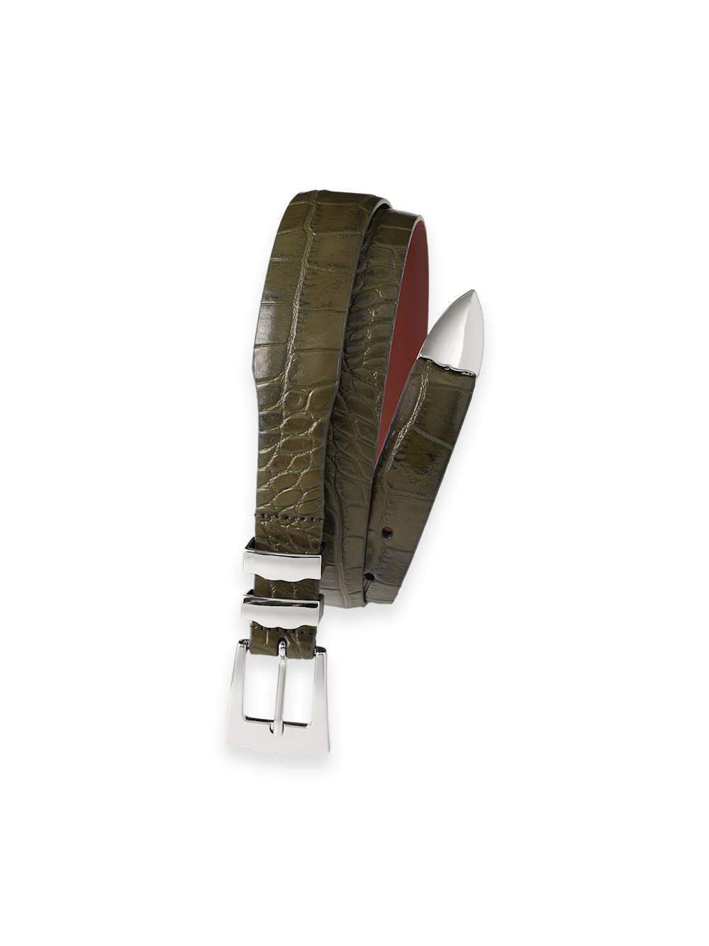 Crocodile Embossed with Metal Keeper & Tip Belt - Olive