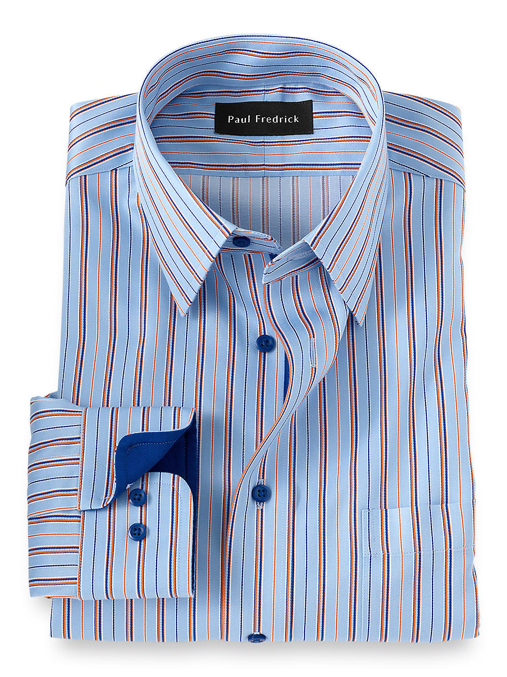 Product Image of Non-iron Cotton Stripe Dress Shirt With Contrast Trim-Blue/Orange