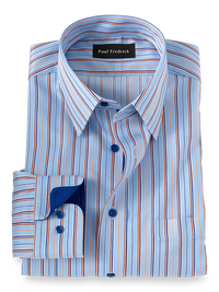 Non-Iron Cotton Stripe Dress Shirt With Contrast Trim - Blue/orange