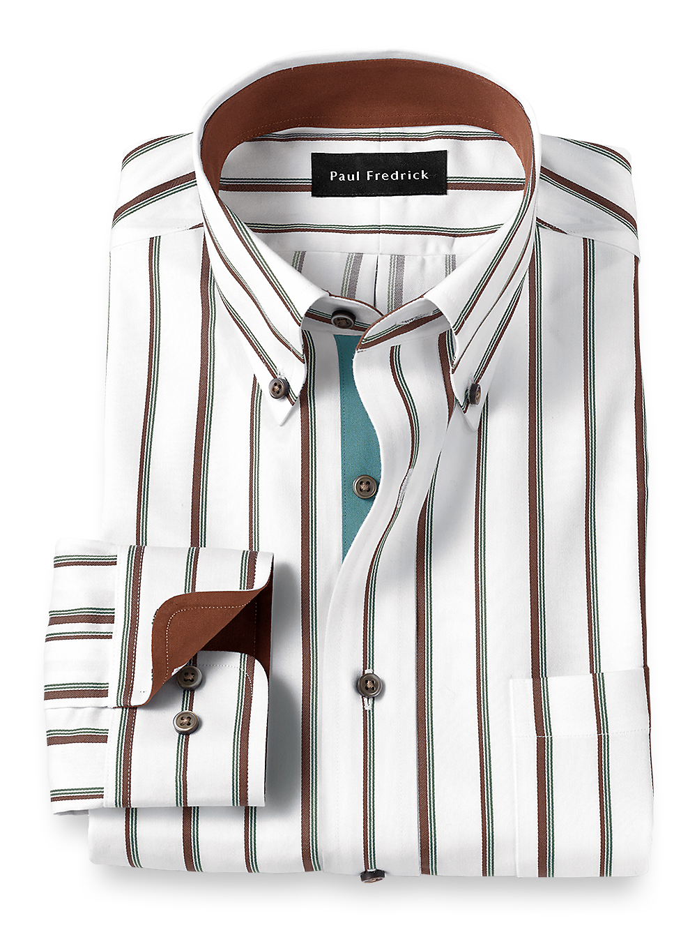 Product Image of Non-iron Cotton Stripe Dress Shirt With Contrast Trim-Brown/Pine