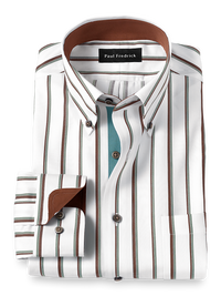 Non-Iron Cotton Stripe Dress Shirt With Contrast Trim - Brown/pine