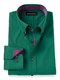 Non-Iron Cotton Solid Dress Shirt With Contrast Trim - Green