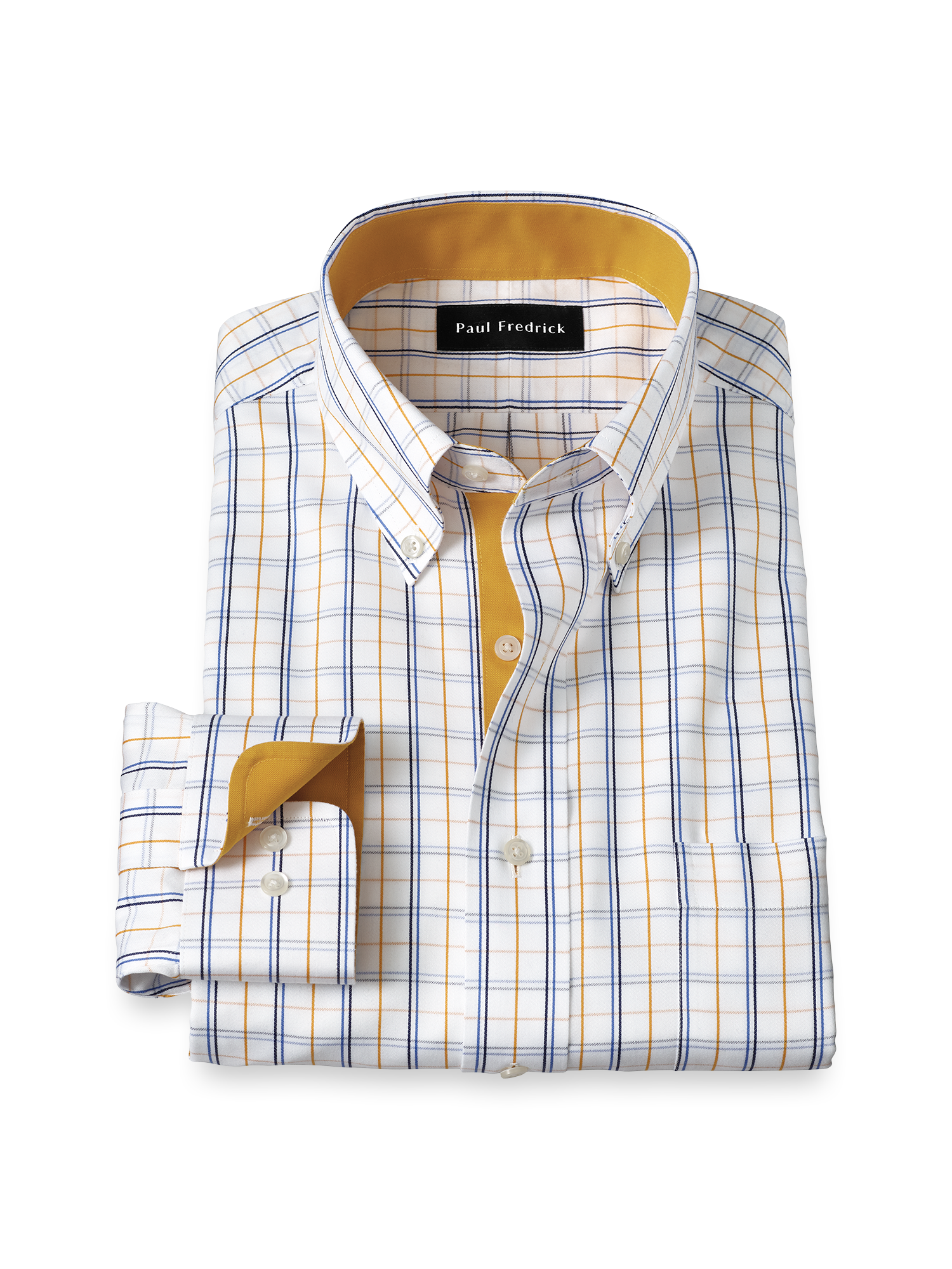 Non-Iron Cotton Windowpane Dress Shirt With Contrast Trim - White/gold