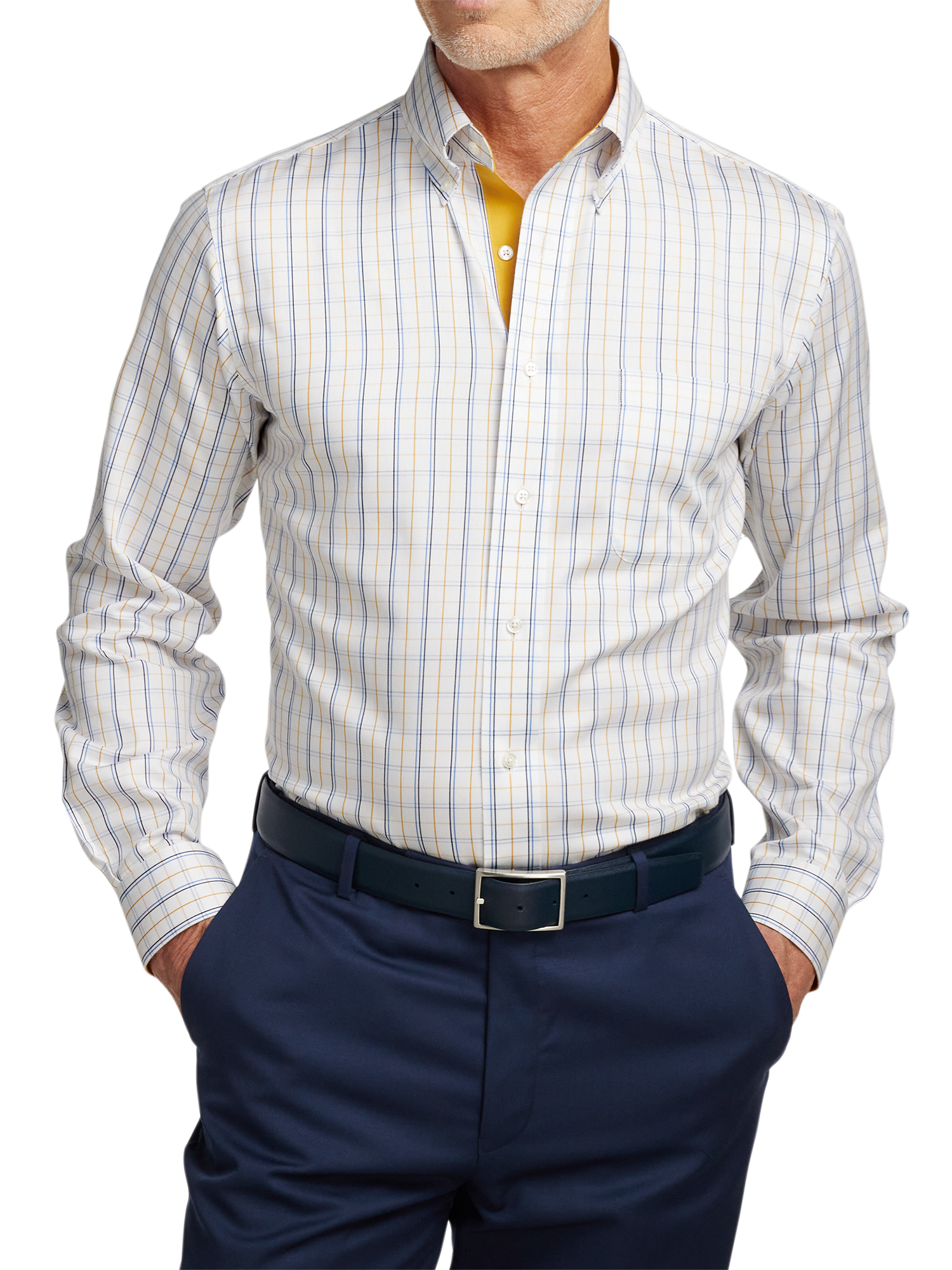 Non-Iron Cotton Windowpane Dress Shirt With Contrast Trim - White/gold