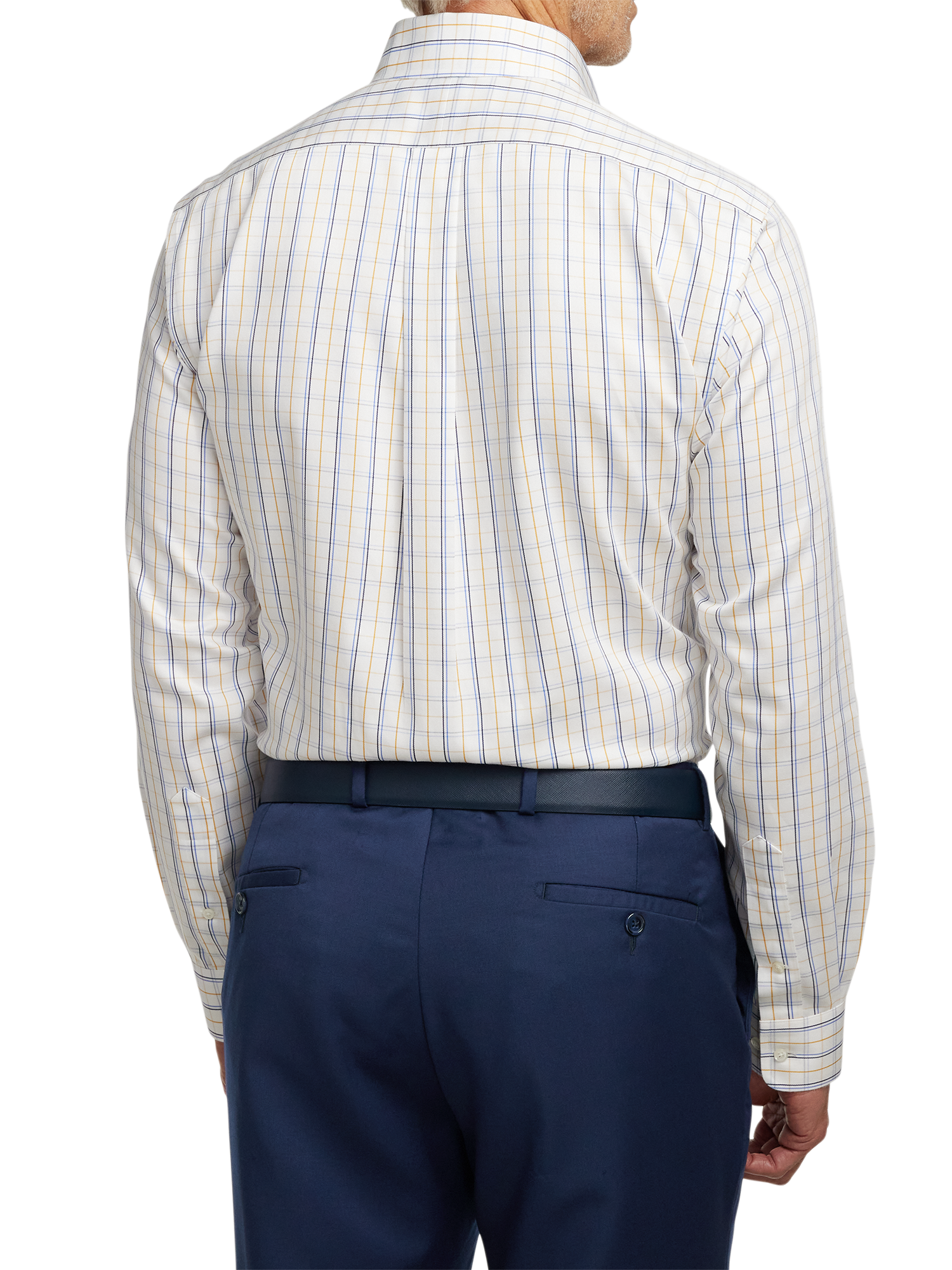 Non-Iron Cotton Windowpane Dress Shirt With Contrast Trim - White/gold